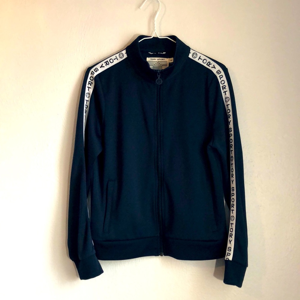 Tory Sport Navy Blue Track Jacket with White Logo Tape